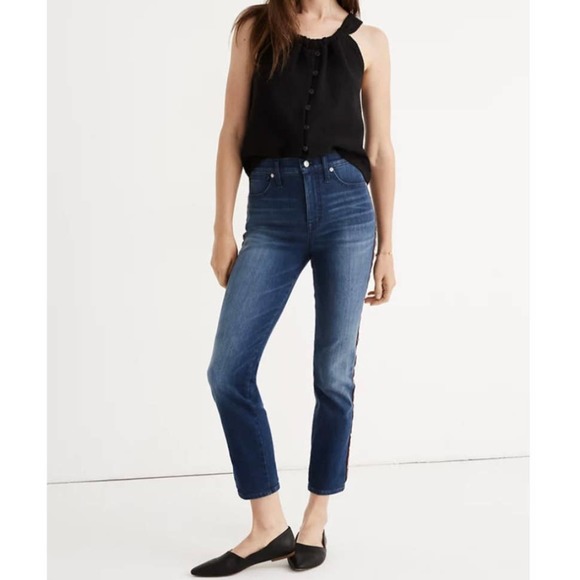 MADEWELL Jeans Womens 27 Blue Stovepipe Tux Ribbon Racer Stripe High Rise - Picture 2 of 12